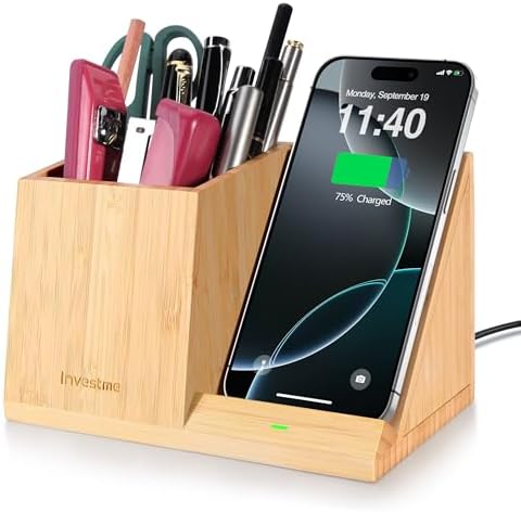 3-in-1 Bamboo Wireless Charger with Desk Organizer, Bamboo Pen Holder for Desk, 15W Fast Wireless Charger with Pen Holder for Home Office Supplies, Compatible with iPhone and Samsung – Enhanced Compatibility and Speed