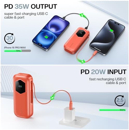 Ultra-Fast 2025 Portable Power Bank 10000 m Ah with Integrated Retractable PD Cable – 35 W Quick Charge Solution for i Phone, Samsung, Android, i Pad & Mac Book – Dual Device Charging Capability & Intelligent LED Power Indicator (Chic Blue)