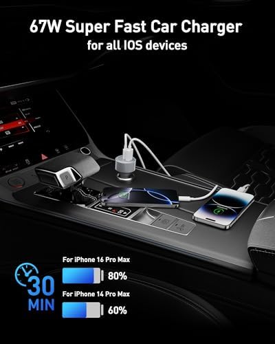 MFi Certified 2-Pack i Phone Car Charger – 67 W Fast Charging Adapter with 3 USB-C Ports and 3 FT Cables for i Phone 16/15/14/13/12/11/Pro Max/XS/XR/X/SE/8 Plus & i Pads – Ultimate Travel Charging Solution with Enhanced Speed and Compatibility