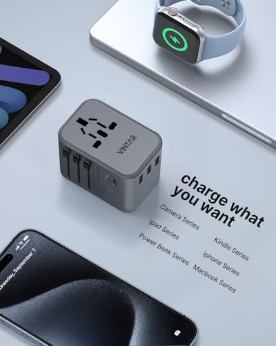 VINTAR Universal Travel Adapter: All-in-One Power Converter with 6 A Output, 3 USB-C and 2 USB Ports for Fast Global Charging Across Europe, UK, USA, and Australia – Essential Travel Accessory for Effortless Device Connectivity and Safety Features