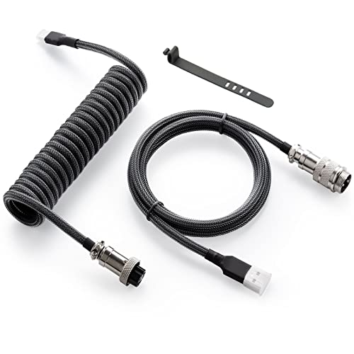 GUNMJO Pro Custom Coiled USB C Cable for Gaming Keyboards – Premium Double-Sleeved Mechanical Keyboard Accessory with Detachable Metal Aviator, 1.5 m USB-C to USB-A in Sleek Carbon Black – Ultimate Speed, Durability, and Aesthetic Upgrade for Gamers