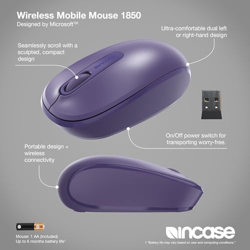 Light Orchid Incase Wireless Mobile Mouse 1850 – Microsoft-Designed, Ambidextrous Comfort, 6-Month Battery for Ultimate Portability, Nano Transceiver for Seamless Connectivity, Compatible with Mac & Windows 8/10/11 – Elevate Your Productivity and Style