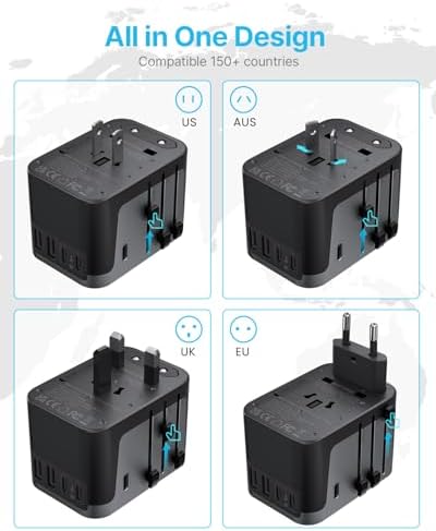VINTAR Universal Travel Adapter: All-in-One Power Converter with 6 A Output, 3 USB-C and 2 USB Ports for Fast Global Charging Across Europe, UK, USA, and Australia – Essential Travel Accessory for Effortless Device Connectivity and Safety Features