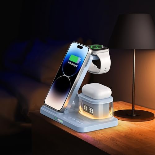 Elevate Your Charging Game: 5-in-1 Foldable Wireless Fast Charger with Integrated Night Light & Transparent Clock for Apple Devices – Ideal for i Phone 16/15/14/13/12/11 Pro Max, Apple Watch, and Air Pods – Sleek Green Design for Ultimate Portability and Style