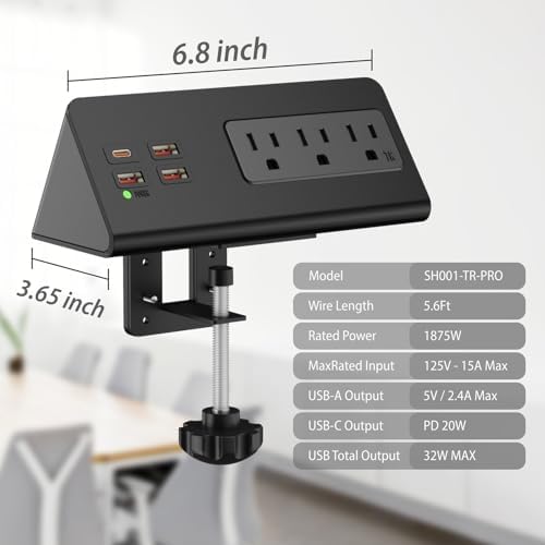 Desk Edge Clamp Power Strip with 4 Fast-Charging USB Ports & 3 AC Outlets – 1875 Joules Surge Protector for Office & Hotel Use, ETL Listed, Space-Saving Design for Convenient Charging Solutions
