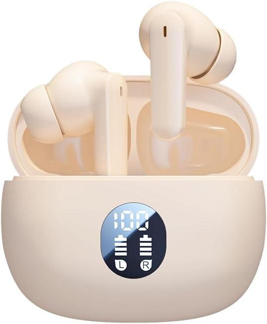 Enhance Your Lifestyle with Beige Bluetooth 5.4 Wireless Earbuds – Experience Superior Noise Cancelling Technology, Immersive Stereo Bass, and IPX7 Waterproof Durability – 30-Hour Playtime with LED Battery Indicator – Ideal for Sports, Gaming, and Professional Use