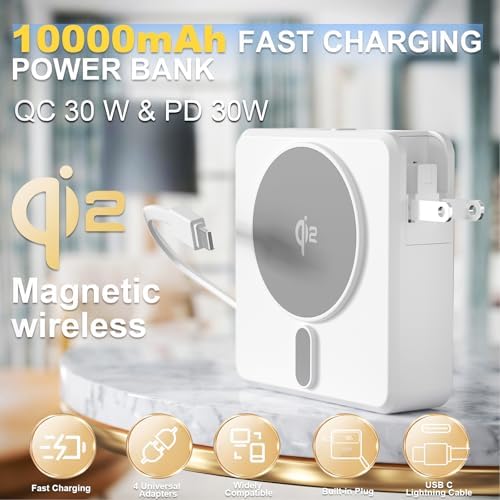 Magnetic 4-in-1 Universal Power Bank – 10,000 m Ah Qi2 Certified Travel Charger with Integrated Cables and 30 W Fast Charging – Versatile Compatibility for i Phone, Samsung, i Pad & More – Sleek LED Display, Built-in USB-C and Lightning Cable, Global Plug Adaptors – Effortless Wireless Charging Anywhere with Enhanced Portability and Efficiency