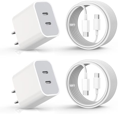 Dual USB-C Fast Charging Block for i Phone 16 | 2-Pack Adapter Set with USB-C Cables | Universal Compatibility for i Phone 15, i Pad Pro | Efficient PD Charging Solution for Home & Travel | Compact Design for On-the-Go Power Management