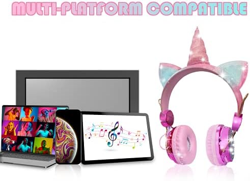 Light Purple Unicorn Cat Ear Bluetooth Headphones for Kids – Safe Listening with Volume Limiting, FM Radio & Dual Connectivity for Fun Learning and Entertainment – Ideal for School, Laptops, and Smartphones