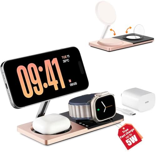 Revolutionize Your Charging Experience: 3-in-1 Fast Charging Station for Apple Devices with Mag-Safe Technology – Wireless Dock for i Phone 16/15/14/13/12 Series, Apple Watch Series 1-9/Ultra, and Air Pods Pro – Includes 30 W USB Charger in Sleek Silver Finish for Optimal Compatibility and Speed