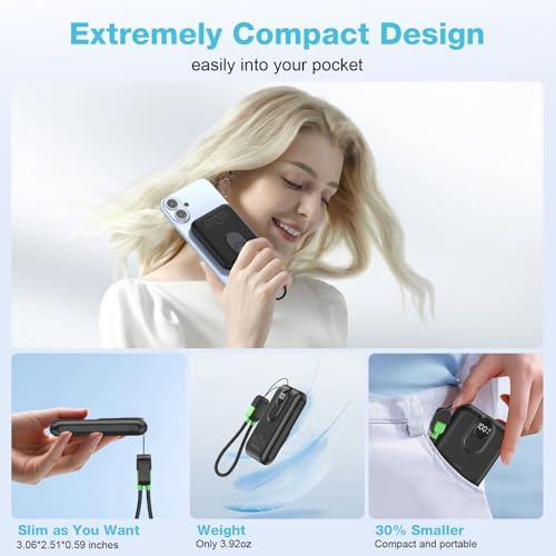 Compact Magnetic Power Bank for i Phone 12-16 | 5000 m Ah Slim Wireless Charger with 20 W Fast Charging, Detachable USB-C & i OS Cable, LED Display | Ultimate Portable Power Solution in Black