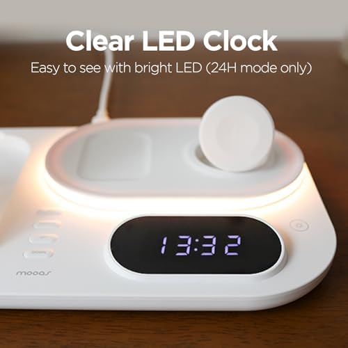 mooas 4-in-1 Fast Wireless Charging Station with LED Clock and Nightlight – Ultimate Multi-Device Charger for i Phone 15/14, Galaxy S24/S23, Apple Watch, and Air Pods – Stylish, Efficient Power Hub with Enhanced Compatibility and Fast Charging Capability