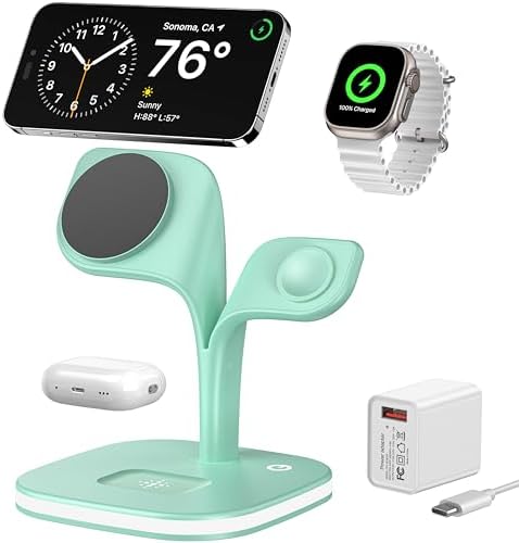 Revolutionary EXW Multi-Device Wireless Charging Hub: High-Performance Mag Safe Charger for i Phone 16/15/14/13/12, Apple Watch Series 1-9, and Air Pods – Sleek Black Finish with LED Charging Indicator & Complimentary Adapter for Effortless Device Management