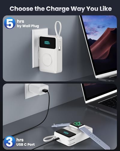 Versatile 4-in-1 Travel Charger with Integrated Wall Plug & USB-C Cables – 10800 m Ah Power Bank Featuring Magnetic Apple Watch Charging, QC4.0 & PD 25 W Fast Charging – Compact Solution for i Phone 16/15, Android Devices & More – Enhanced Portability & Smart Safety Features for On-the-Go Power