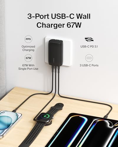 Belkin 67 W 3-Port USB-C Power Delivery Charger Block – Ultra-Fast Charging Hub for i Phone 16, Samsung Galaxy S25, Mac Book Pro & More – Portable & Versatile Charging Solution for Home, Office, and Travel – Enhanced PPS Technology for Universal Device Compatibility