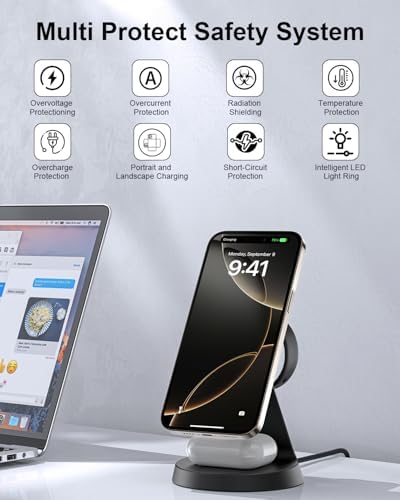 Elevate Your Charging Game with the 3-in-1 Wireless Charger for i Phone – Premium Mag Safe Compatible Station for i Phone, Apple Watch & Air Pods, Fast Charging in Sleek Black (2025 US Model) – Experience Effortless Alignment & Enhanced Compatibility for All Your Apple Devices
