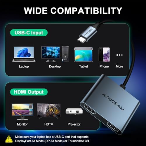 AVIDGRAM USB C to Dual HDMI Adapter – Unlock Stunning 4 K Dual Display Power with Versatile Multiport Hub Featuring USB 3.0 and 100 W Power Delivery – Elevate Your Work and Play with Seamless Connectivity for Laptops, Gaming, and Presentations – Ideal for Professionals on the Go