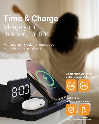 Transform Your Nightstand with the M.A.D LAB Multi-Device Charging Station & Alarm Clock – Wireless Charger for Apple Watch, Air Pods, and Qi-Compatible Smartphones – Sleek Night Lamp & User-Friendly Alarm for Enhanced Sleep Environment – Fast Charging & Elegant Design