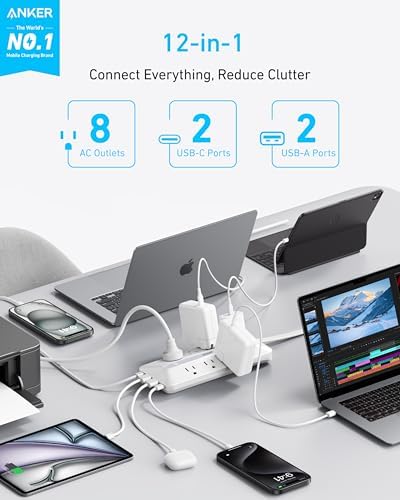 Anker 12-in-1 Flat Plug Power Strip – Ultimate USB-C Charging Station with 8 AC Outlets, 2 USB-C, 2 USB-A Ports, 5 ft Extension Cord, Slim Design for Home & Office, 900 J Surge Protection, Fast 35 W Output for Enhanced Device Safety and Efficiency