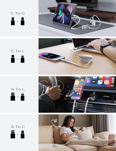 LISEN 5-in-1 Retractable Fast Charging Cable – 60 W Multi-Device Charger for i Phone, i Pad & Samsung with USB-C/A Ports – Compact and Portable Charging Solution for On-the-Go Power Needs