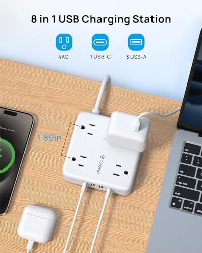 TROND 2-Prong Surge Protector Power Strip with 5 ft Extension Cord, 1440 Joules Safety Shield, Multiple AC Outlets & USB Charging Ports – Compact Wall-Mount Adapter for Streamlined Power Access and Enhanced Device Protection