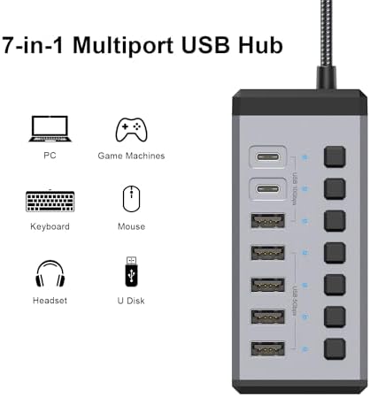Transform Your Digital Workspace with the Qwiizlab 36 W USB3.2 Hub – Ultimate 7-Port Aluminum Multiport Expander for Enhanced High-Speed Connectivity, Featuring Dual USB-C 10 Gbps and USB-A 10 Gbps Ports for Effortless Data Transfers on Laptops, Macs, Surface Pros, and Desktop PCs – Optimize Your Productivity with This Power-Packed Connectivity Solution