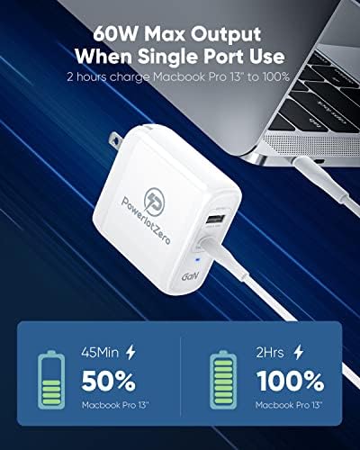 Powerlot Zero 68 W Dual USB-C Wall Charger – Fast Charging Ga N Adapter with 60 W & 18 W Outputs for Mac Book Pro, Dell Laptops, i Phone 14/13 Pro Max Plus, and i Pad Pro – Compact & Foldable Design for Ultimate Portability and Safety Features