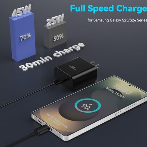 Rapid Charge 45 W USB Type C Power Adapter with 6.6 FT Cable for Samsung Galaxy – Ultimate Fast Charging Solution for S25/S25 Ultra/S24/S23/S22/Note Series – Enhanced Compatibility and Robust Build for Daily Demands
