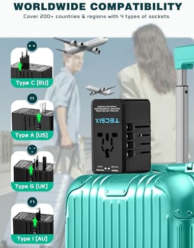 TECSIX 220 V to 110 V Travel Voltage Converter: Universal Power Adapter with Dual USB-C & USB-A Fast Charging Ports for International Adventures in Europe, UK, US, Australia & Asia – Compact, Durable & Multi-Device Compatible