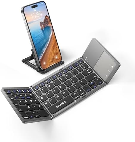 Samsers Portable Bluetooth Keyboard with Touchpad – Ultra-Slim Foldable Wireless Keyboard for Effortless Typing on Android, Windows, and i OS Devices – Rechargeable, Travel-Friendly Design with Device Holder – Black