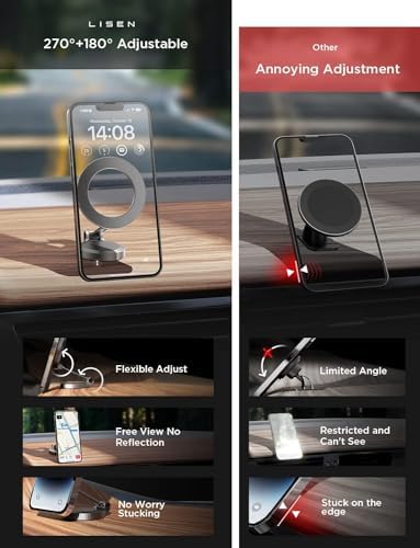 LISEN Gold Magnetic Phone Car Mount – Superior 20 Magnet Grip for i Phone 14 & All Smartphones, Durable Zinc Alloy Construction, Nano 3 M Adhesive for Secure Dashboard Attachment, Enhanced Multi-Adjustment Viewing, 1-Year Warranty for Ultimate Reliability – Elevate Your Driving with Style and Safety
