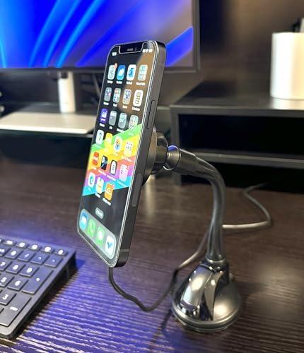 Stay-in-Place Magnetic Phone Charging Stand with Suction Base. Stays Firmly in Place and Doesn’t Move Around. Flexible Gooseneck for Perfect Viewing Angle. Compatible with MagSafe. – Enhanced Compatibility and Speed
