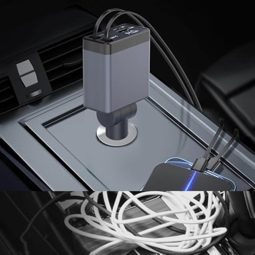 High-Performance 120 W Retractable Car Charger Adapter – Fast Charging Solution with 2.6 ft Cables, 180° Adjustable Design, and Real-Time Voltage Display for Ultimate Device Compatibility and Convenience