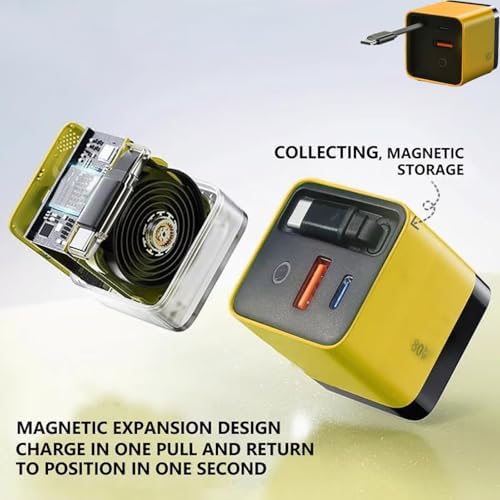 Revolutionary 80 W Ga N 3-in-1 Fast Charger with Retractable Design, Type C Cable & Dual USB Ports – Ultimate Travel Companion for Phones & Laptops in Sleek Yellow Finish – Enhanced Compatibility & Efficiency for Modern Charging Needs