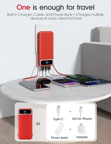Ultra-Compact 12000 m Ah Power Bank with Built-in Charging Cables & AC Plug – 20 W PD Fast Charging for i Phone, Samsung, Android, USB-C Devices – Travel-Friendly External Battery Pack in Purple – Unmatched Portability and Efficiency for On-the-Go Charging Solutions