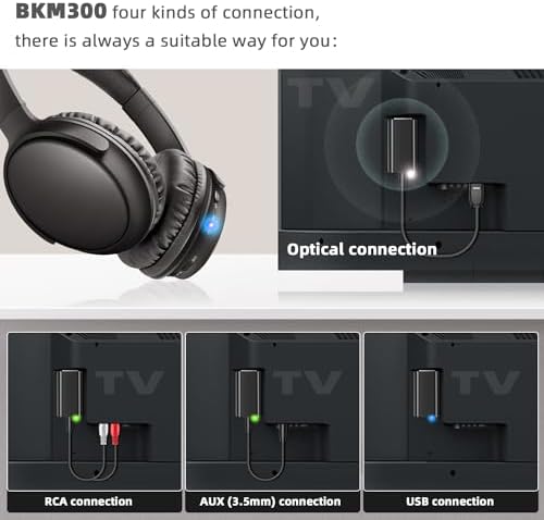 Experience the Freedom of Sound with BKM300 Premium Bluetooth Wireless Headphones – Perfect for TV Lovers, 165 FT Range, Crystal Clear Audio with Ultra-Low Latency, Versatile Connection Options (Optical, AUX, RCA, USB), 20-Hour Battery Life for Non-Stop Viewing, Effortless Plug & Play Setup for Instant Enjoyment