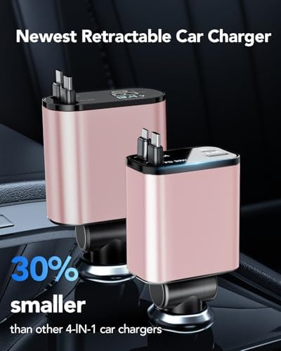 2025 Ultra-Compact 4-in-1 Retractable Car Charger – 69 W Fast Charging Adapter for i Phone 16, Galaxy and More – Innovative Space-Saving Design with Multiple Ports for Simultaneous Device Powering – Essential Car Accessory for Daily Commutes and Road Trips