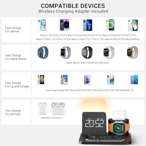 Multifunctional 3-in-1 Charging Station with Alarm Clock and Night Light for i Phone 15, 14, 13, 12, 11, Pro Max & Apple Watch – Space-Saving Wireless Charger Dock for Air Pods – Enhanced Fast Charging and Sleek Design for Home and Office