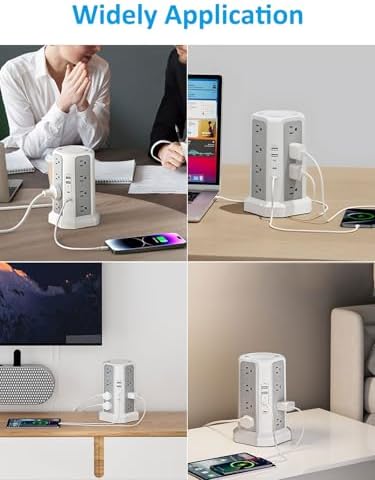 Revolutionize Your Charging Experience: 10 FT Surge Protector Power Strip Tower with 16 Outlets & 4 USB Ports – Efficient Desk Charging Station for Home, Office, or Dorm Room – Ultimate Space-Saving Solution with Robust 1625 W Power Output and Enhanced Safety Features