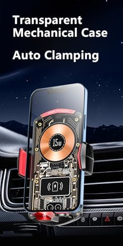 Revolutionary 15 W Fast Wireless Car Charger Mount & Phone Holder – Effortless Auto Clamping with 360° Rotating Ball Joint for Unmatched Viewing Angles – Secure Air Vent Clamp Compatible with i Phone 16/15/14/13/12/11/10 & Samsung Galaxy Series – Transparent Design for Aesthetic Appeal and Enhanced Stability