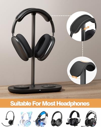 Transform Your Gaming Experience with the Hi We 3-in-1 Premium Headphone Stand & Wireless Charging Dock – Universal Desktop Organizer for Headphones, Air Pods, and Smartwatches – Durable Aluminum Alloy with Elegant Leather Pad and Stable ABS Base – Quick Charge Functionality for All Your Essential Devices