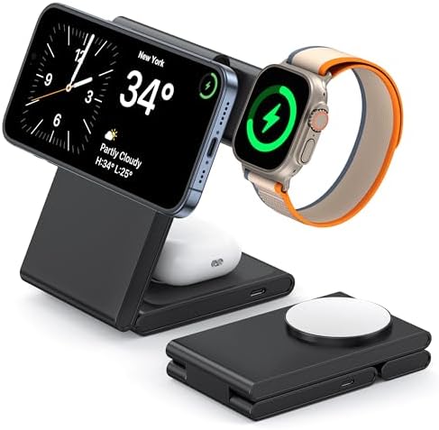 Ultimate 3-in-1 Magnetic Wireless Charging Station – High-Speed 20 W Foldable Charger for i Phone 12-16 Series, Apple Watch 10/Ultra 2, and Air Pods 4 – Portable Travel-Friendly Design with Adapter for Seamless Power Solutions