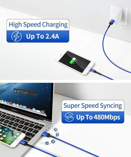 JSAUX 6 ft MFi Certified Lightning Cable for i Phone & i Pad – Durable Nylon Braided Fast Charging Cord, Compatible with i Phone 14/13/12/11/Xs Max/XR/8/7/6 s/6 Plus/SE – High-Speed Data Transfer in Stylish Blue Finish