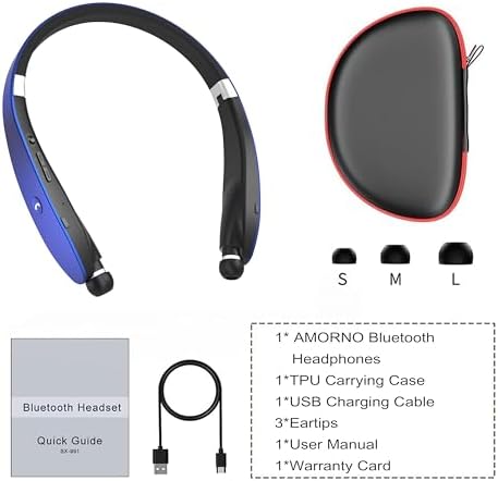 AMORNO Premium Retractable Bluetooth Neckband Headphones – Sweatproof Wireless Earbuds with Advanced Noise Cancellation & Integrated Microphone for Active Lifestyles – Superior Sound Quality & Broad Device Compatibility for Enhanced Listening Adventures
