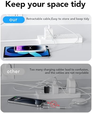 Revolutionary 35 W PD Fast Charging Retractable Wall Charger with Built-in Type-C Cable & USB Port – Ultra-Compact, Foldable Design Ideal for i Phone 16/15, Galaxy S25, and Pixel Devices – Unmatched Portability and Device Safety for Dynamic Lifestyles