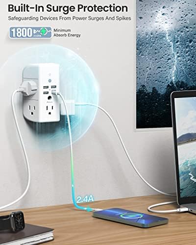 Revolutionary Wall Outlet Extender with Integrated Shelf & Adjustable Night Light – 5 USB Ports Including Rapid USB-C Charging, Surge Protection, and Compact Design for Enhanced Organization and Efficiency