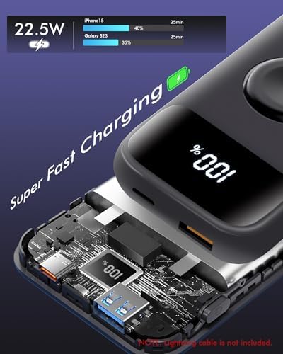 Miady 10000 m Ah 3-in-1 Portable Power Bank with 22.5 W Fast Charging – Premium USB-C & A Charger for Apple Watch, i Phone 16/15/14/13/12, Galaxy S24/S23/S22, and More – Compact Design with LED Display for Ultimate On-the-Go Convenience and Multi-Device Charging