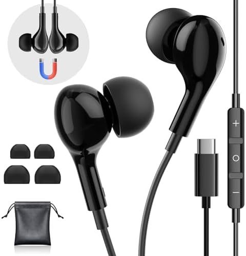 Premium USB C Wired Earbuds for i Phone 16 Pro Max – High-Fidelity Noise-Cancelling Headphones with Built-in Microphone & Intuitive Volume Control – Ideal for Music Enthusiasts and Gamers Seeking Ultimate Sound Clarity and Comfort