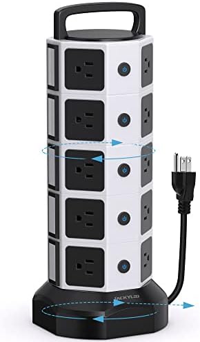 JACKYLED 20-Outlet Power Strip Tower Surge Protector with 6 Fast USB Ports – 1050 Joules Safety Shield, 13 A Desktop Charging Station with 6.5 ft Heavy-Duty Cord, Elegant Black Walnut Design for Home, Office & Garage Use – Ultimate Device Power Solution