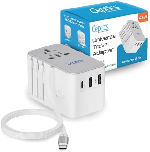 Universal Travel Power Adapter with 45 W PD Retractable USB-C Cable – Ultimate Multi-Device Charger for Global Use – Compatible with Laptops, Smartphones & Cameras – Essential Travel Accessory for US, EU & UK Adventures – Compact Design for Hassle-Free Charging